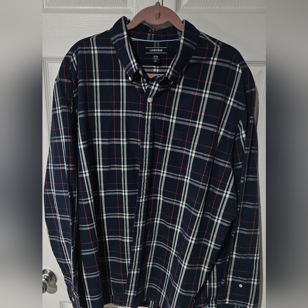 Lands' End Dark Plaid Shirt with Red Accents